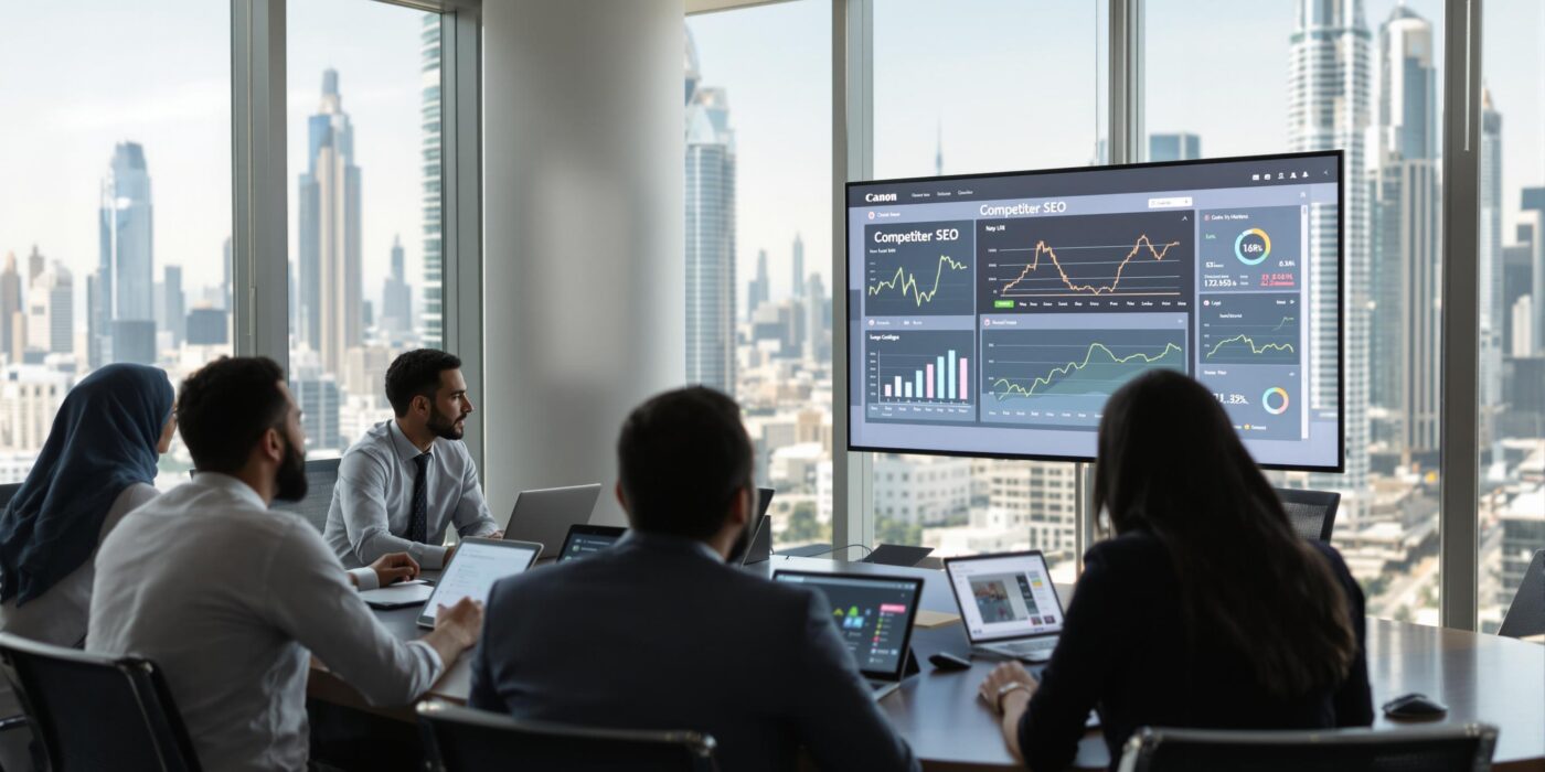 UAE business team analyzing SEO data with Dubai skyline