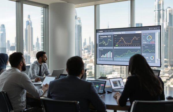 UAE business team analyzing SEO data with Dubai skyline