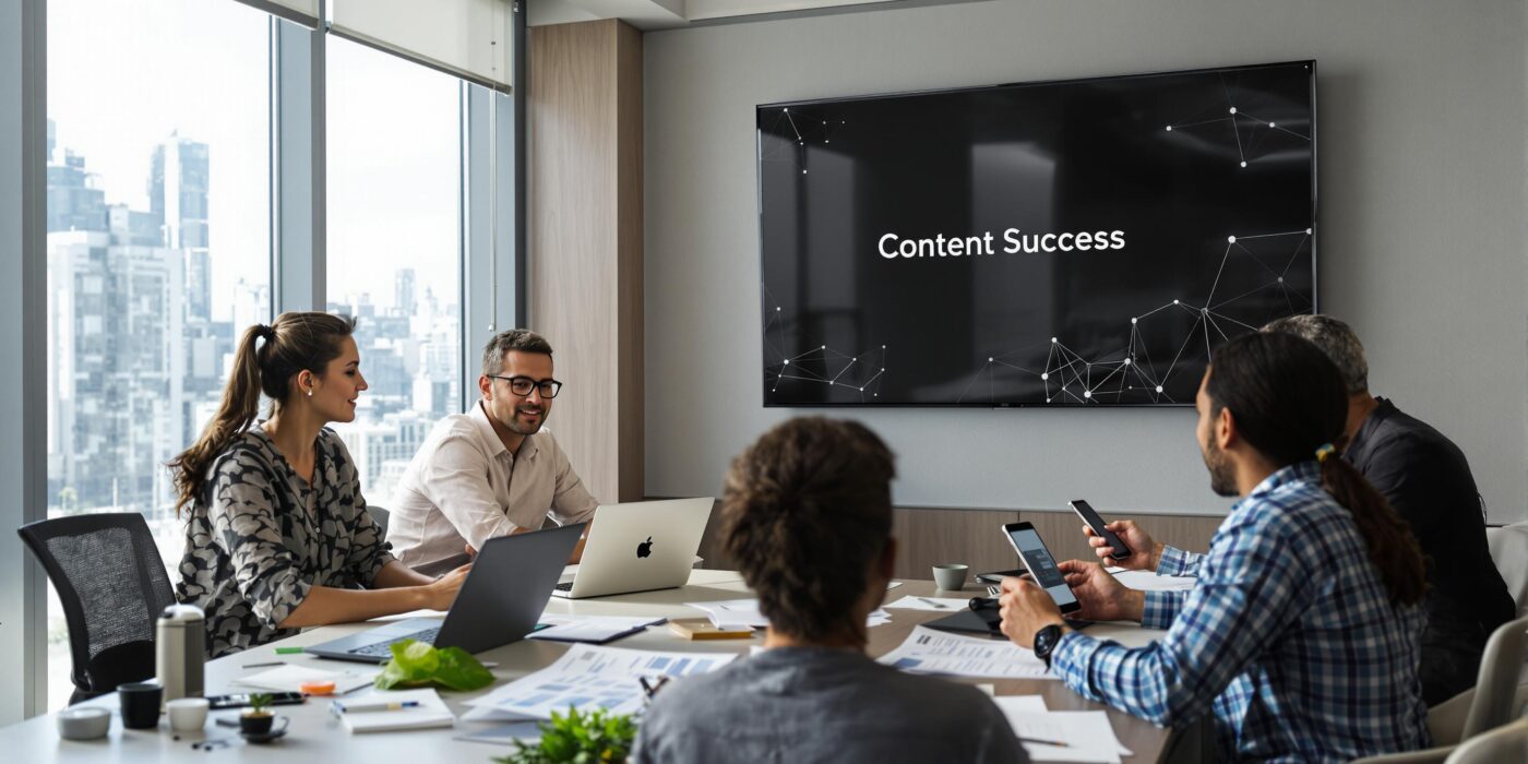 Diverse UAE marketing team planning content strategies with 'Content Success' on screen