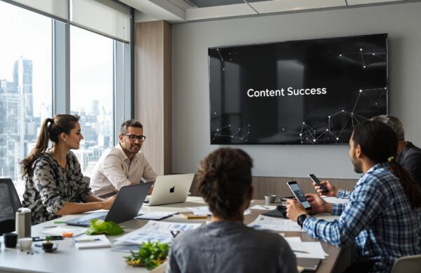 Diverse UAE marketing team planning content strategies with 'Content Success' on screen