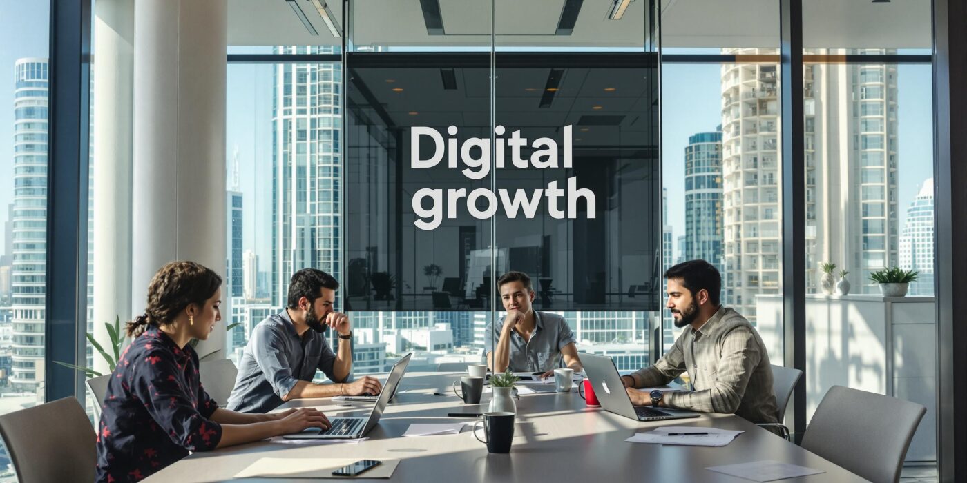Dubai entrepreneurs collaborate in modern office, 'Digital Growth' poster in background