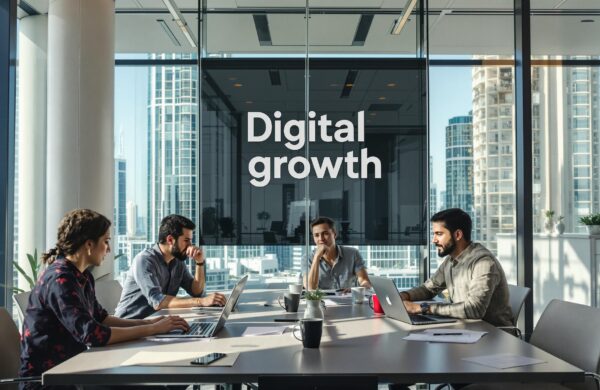 Dubai entrepreneurs collaborate in modern office, 'Digital Growth' poster in background